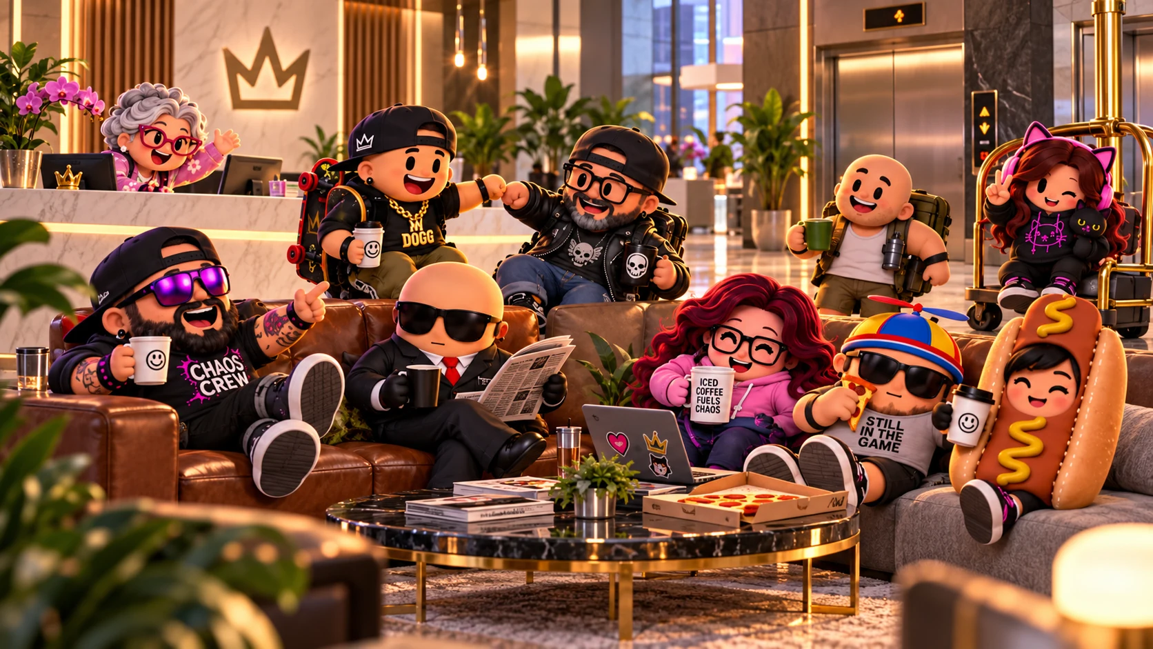 Concept illustration of the game crew relaxing in a corporate lobby
