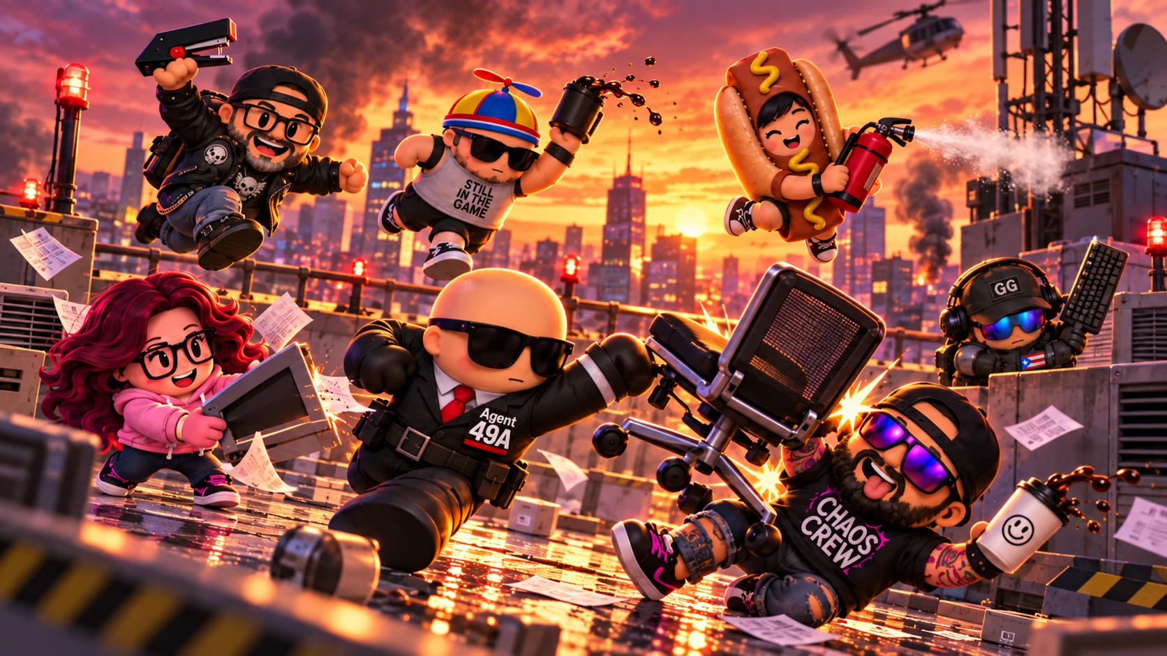 Concept illustration of characters racing across a rooftop at sunset
